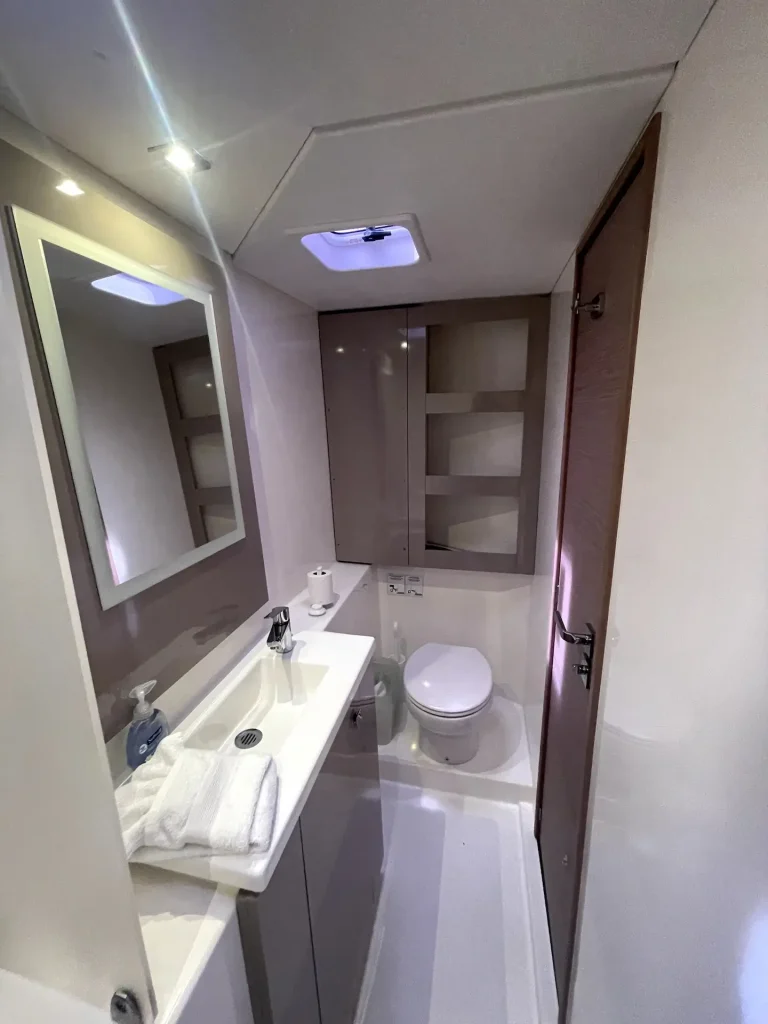 Bathroom onboard the Oasis Catamaran in St Petersburg, Florida